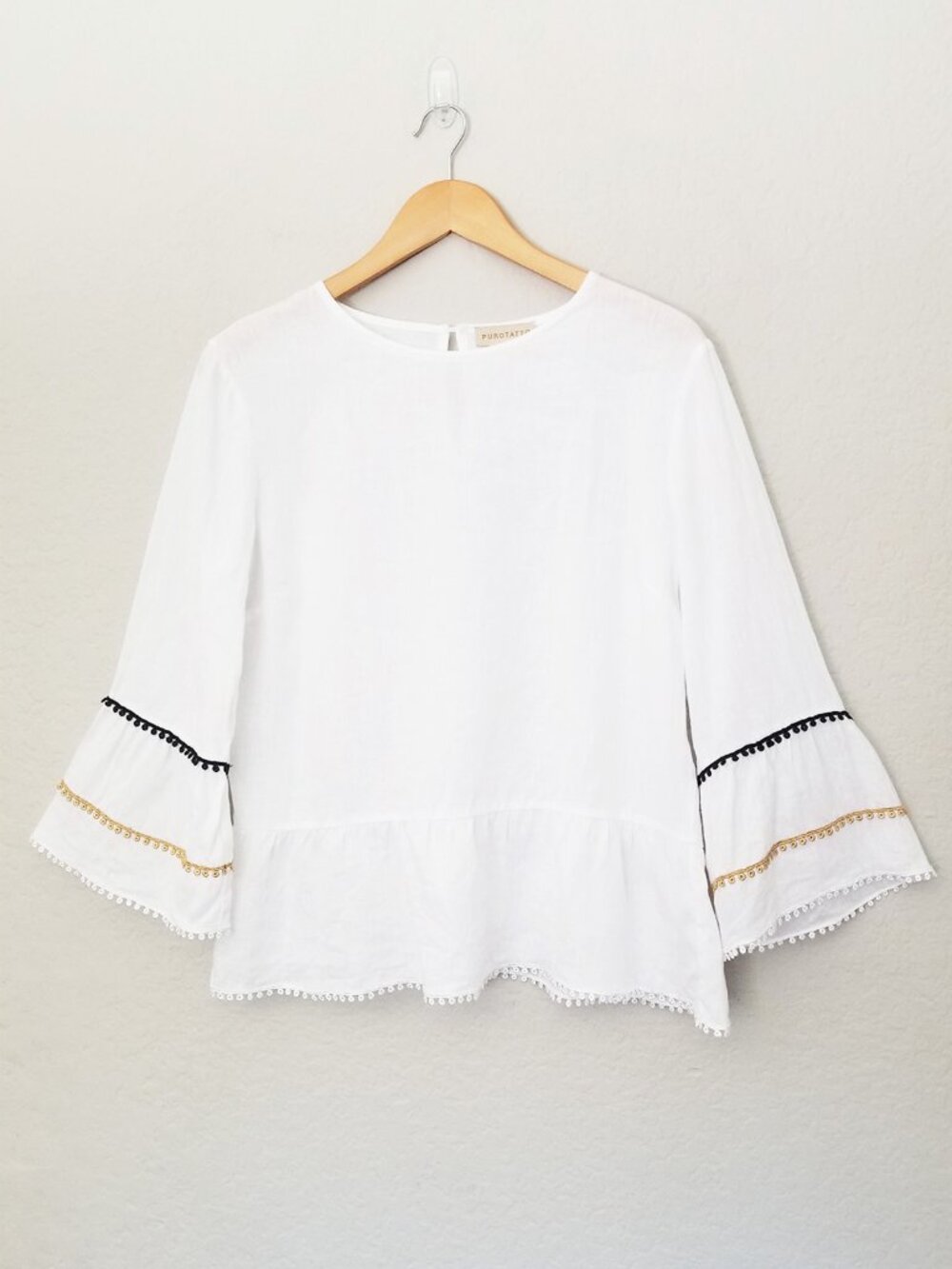 Purotatto 100% Linen Flax Blouse Top White Bell Sleeves Crochet Trim Italy 44 M - Picture 13 of 13